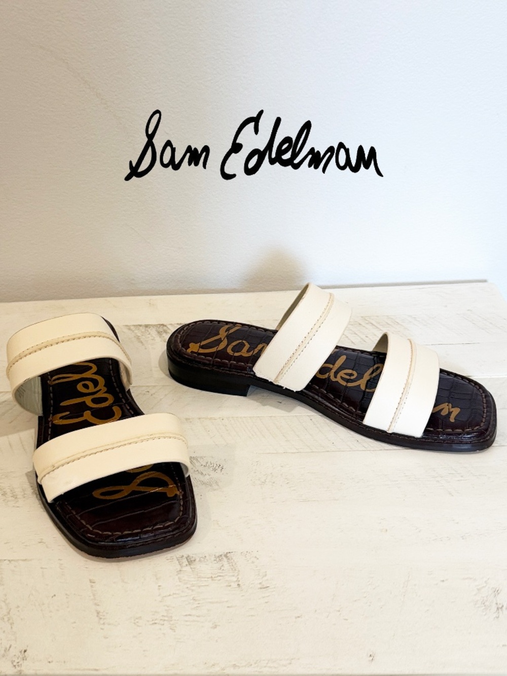 Sam Edelman Ivory Leather Double Strap Slide Sandals | Women's Size 6.5